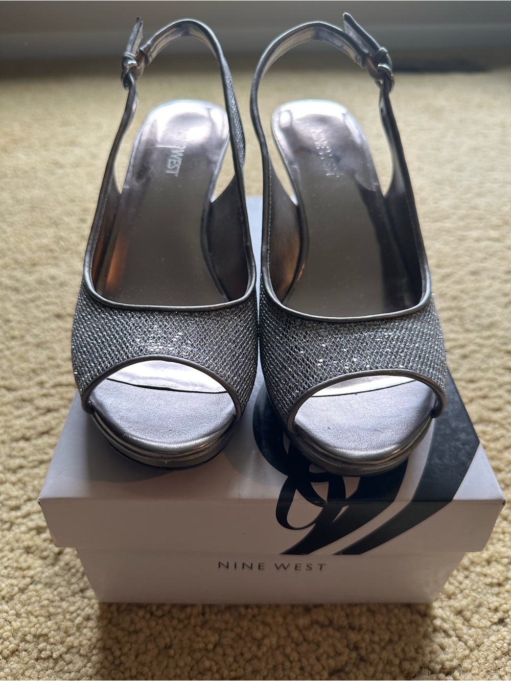 Nine West Silver Glitter Slingback Peep-Toe Heels